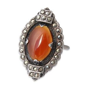 Vintage Art Deco Carnelian & Marcasite Ring Size 5 Sterling Silver Oval Navette